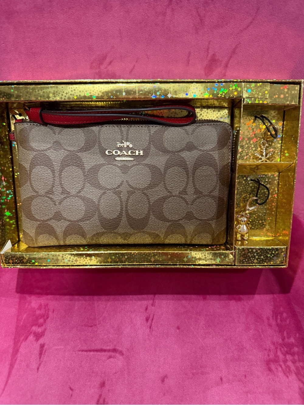 Coach Brown Signature Wristlet with Red Strap